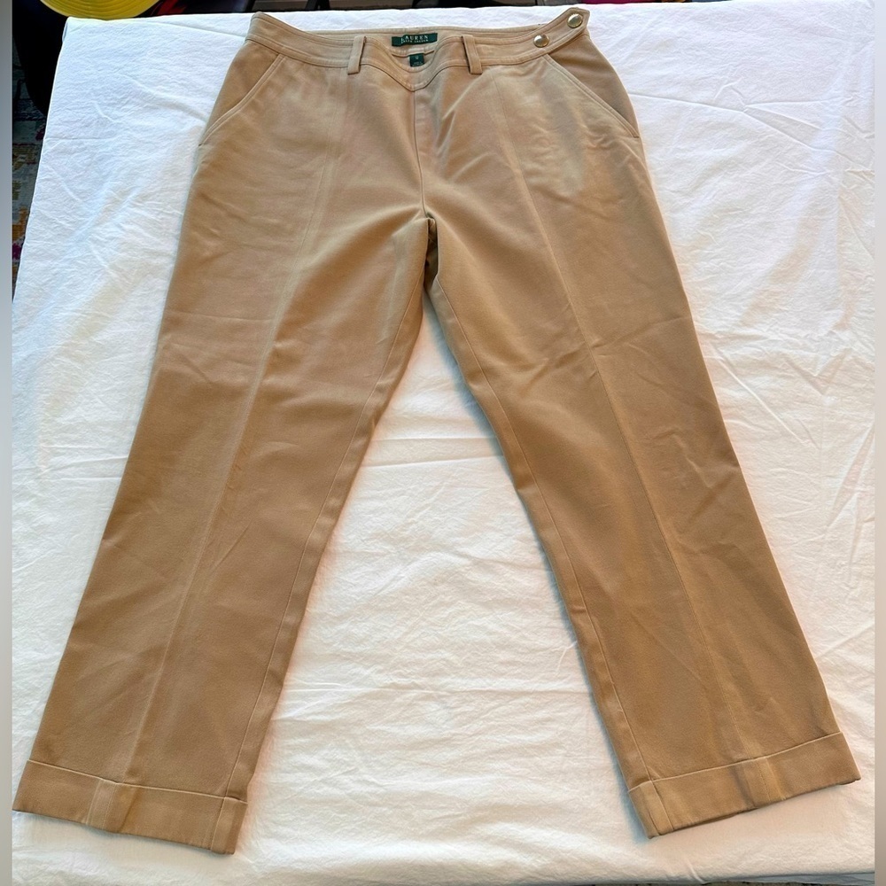Ralph Lauren Khaki Dress Trousers/Capris. Nice Cuffs & Snaps. Classic! Size 12